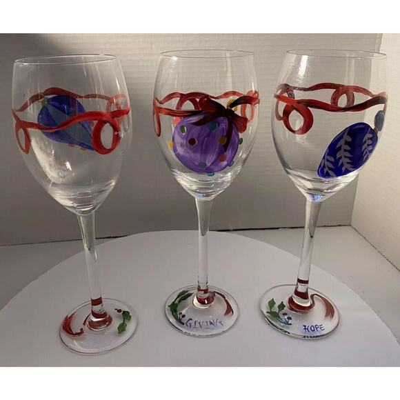 Lot Of 6 Hand-painted Christmas Stemware Wine Glasses Decorated With Ornaments - Picture 9 of 14